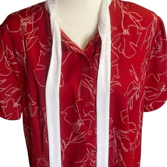 Unique Vintage Women's Top Red Floaral Button Up Tie Neck Blouse Size 16 1X - Picture 3 of 7